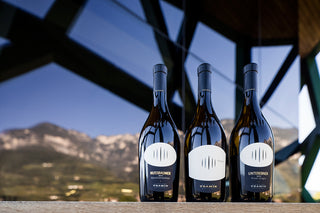 Cantina Tramin - bottiglie con l'architettura della cantina sullo sfondo